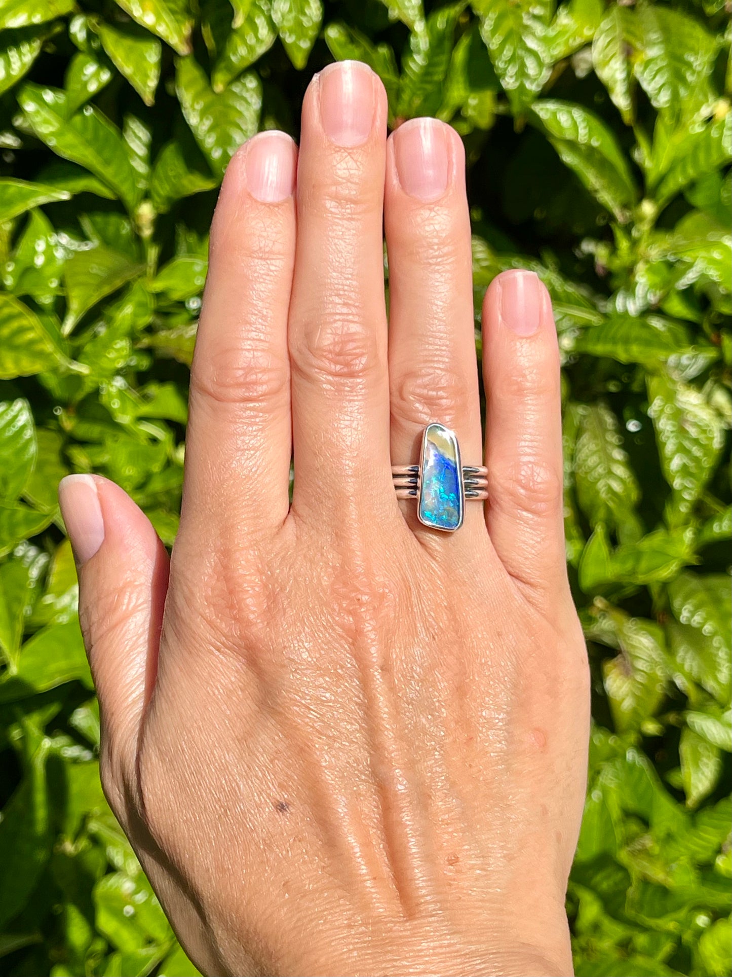 Blue lagoon Boulder opal ring