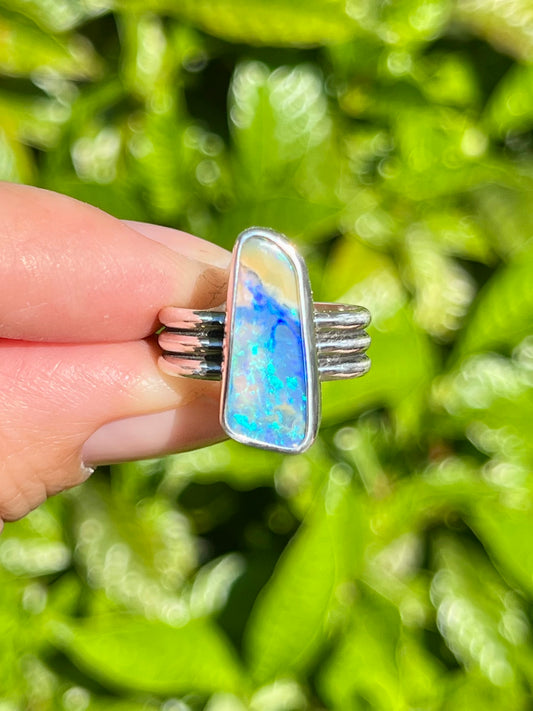 Blue lagoon Boulder opal ring