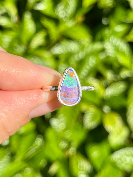 Wavy teardrop boulder opal ring