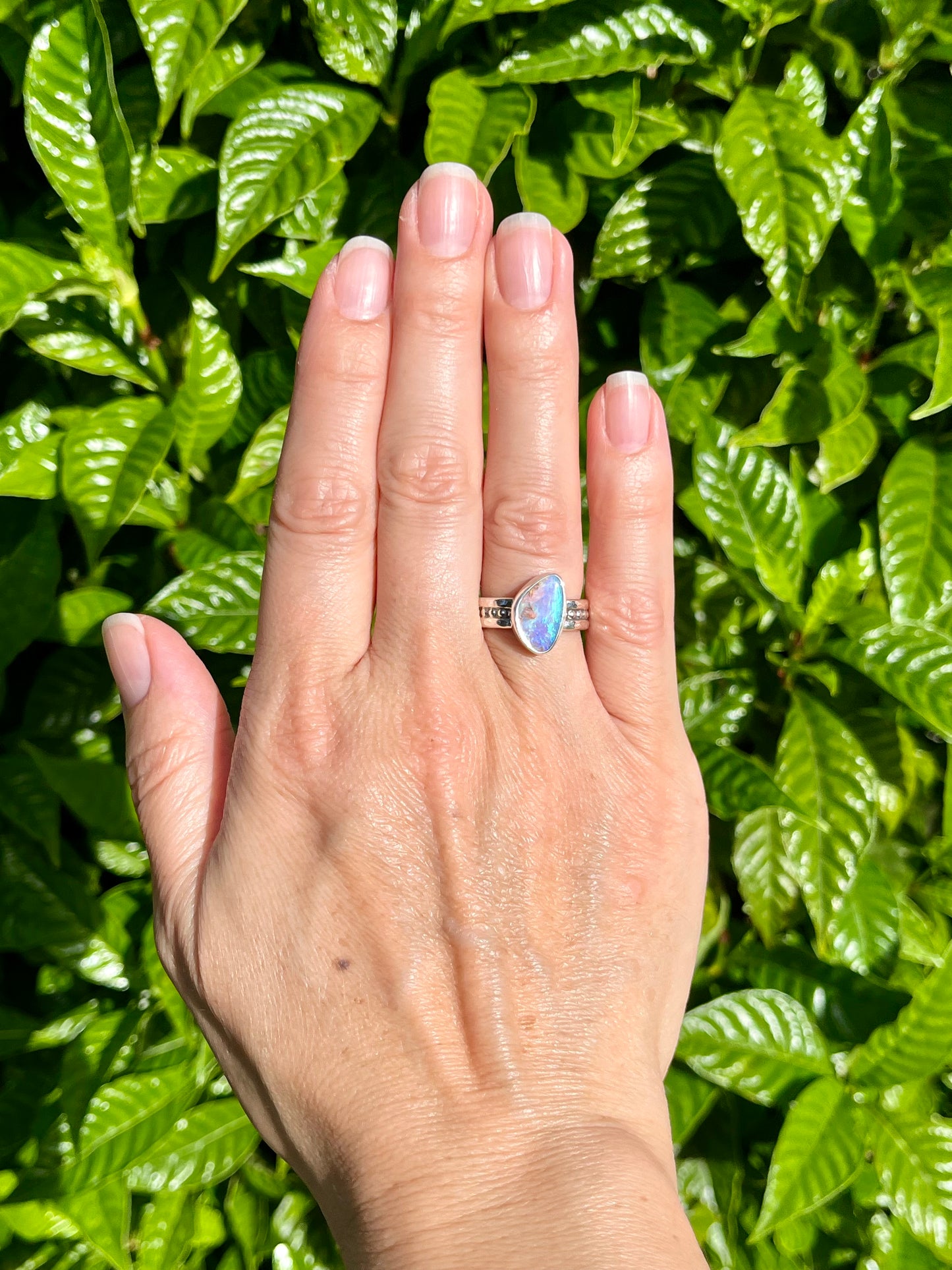 Violet and sky blue pipe opal ring