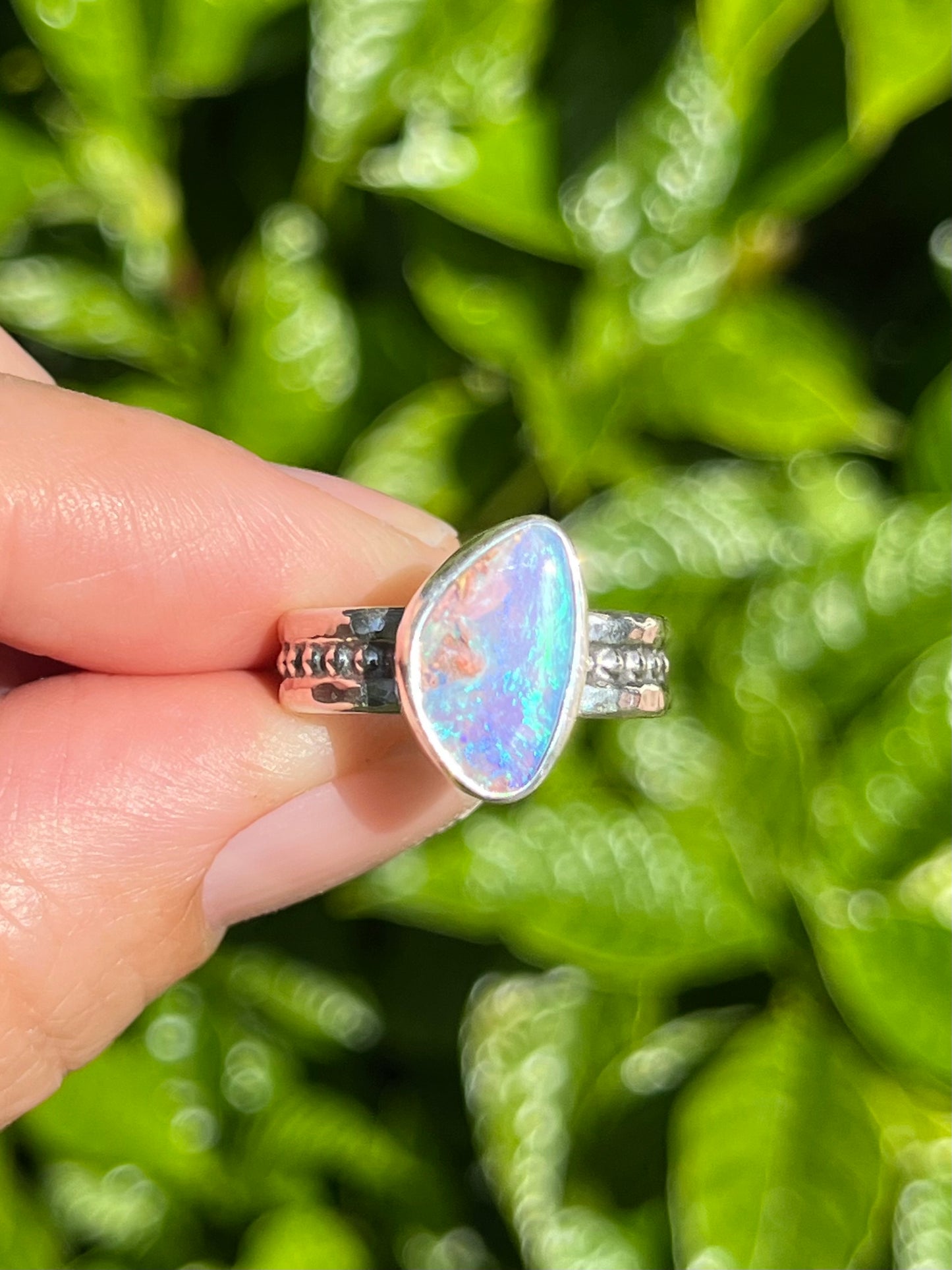 Violet and sky blue pipe opal ring